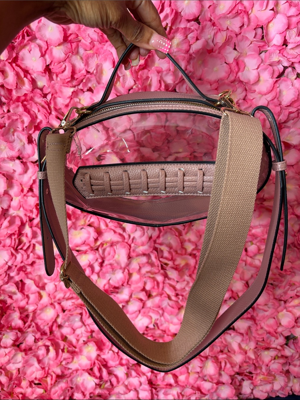 Clear Pink Football Crossbody Bag with Taupe Trim and Adjustable Strap